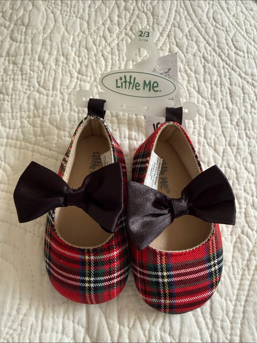✅Little Me Red Plaid Baby Shoes with Black Bows